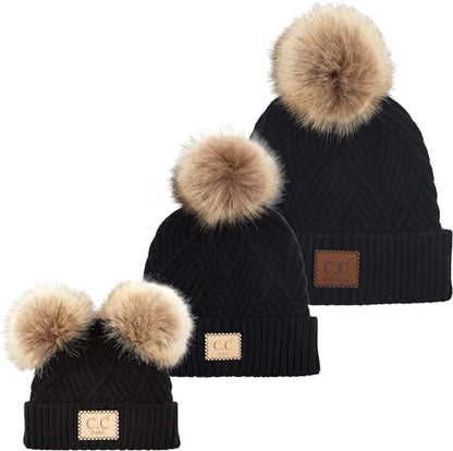Funky Junque Mommy & Me Double Pom Beanies 3-Pack Matching Winter Hats for Mom, Toddler & Infant Girls, Cozy Knit Family Set - color: Adult/Toddler (Single Pom)/Infant (Double Pom) - Diagonal Stripes - Black (3 Pack)