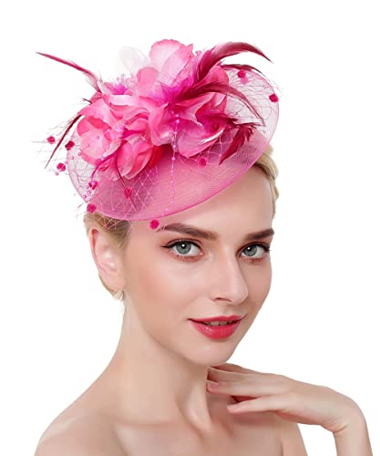 JWICOS Fascinators Hat for Women 50s Flower Hat with Veil Cocktail Wedding Tea Party Church Derby Hat - color: Rose