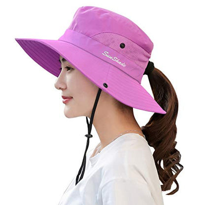 Muryobao Women's Ponytail Sun Hat UV Protection Foldable Mesh Wide Brim Beach Fishing Hat - color: Pure Purple