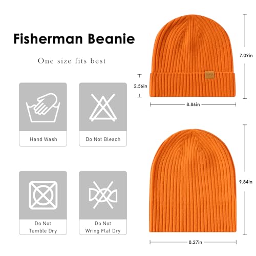 100% Merino Wool Fisherman Beanie Hat, Unisex Warm Winter Hats, Soft Breathable Knitted Short Cuffed Cap - color: Orange