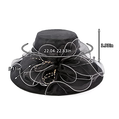 Haoohu Women's Church Derby Hat Wide Brim Bow Bucket Hat Wedding Dress Hat Fascinator Bridal Tea Party Hat - color: F-black