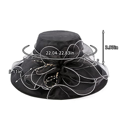Haoohu Women's Church Derby Hat Wide Brim Bow Bucket Hat Wedding Dress Hat Fascinator Bridal Tea Party Hat - color: F-black