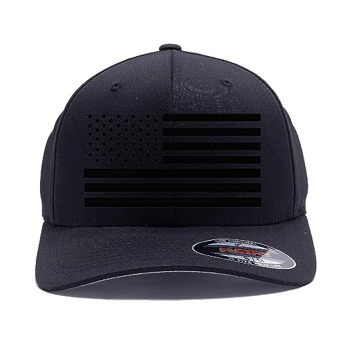 The Blackout American Flag 6277 Flex Fitted Baseball Cap - Custom Embroidered Black USA Flag Flex-Fitted Baseball hat - color: Black - Sq Flag, size: Small-Medium