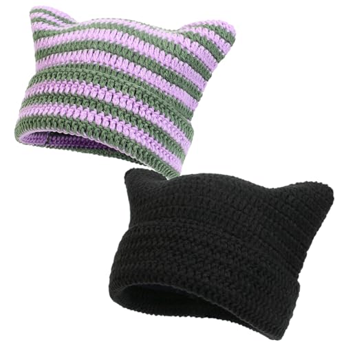 Women Beanie Warm Winter Hats, Soft Knit Lazy Beanie for Women, Women Cat Beanie，Women Fox hat, Slouchy Beanies for Women - color: 2pcs Purple Green & Black