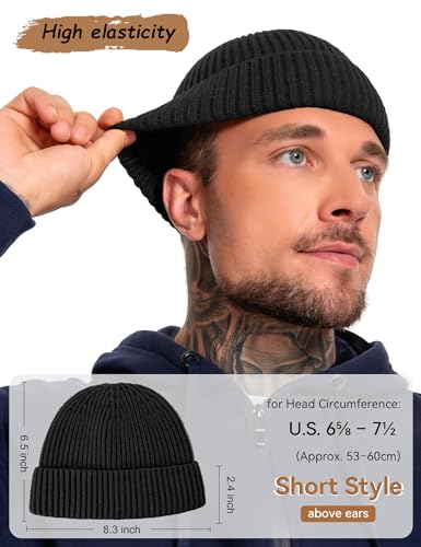 Fleece Lined Wool Short Fisherman Beanie Men Women Cuff Winter Hat - color: 1pc-black
