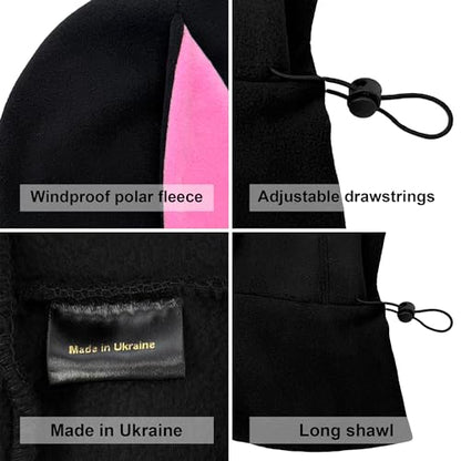 Fleece Balaclava Over Helmet - Warm Helmet Ninja Hood - Snowboard Hooded Hat Neck Gaiter Ski Mask - color: Black&pink|bunny, size: One Size