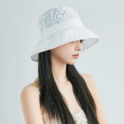 Summer Hats Women 2026 Fashionable Wide Brim Bucket Hat Lace Sunhat Slouchy - color: White