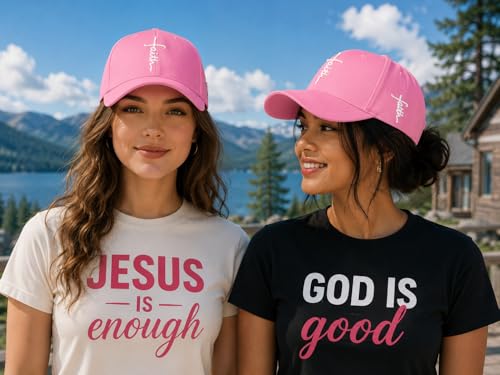 Christian Faith Cross Hats, Embroidered Baseball Caps for Men & Women - color: Pink/White