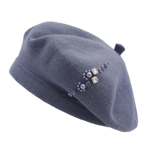 ZLYC Women French Beret Hat Winter Knitted Stretchable Beret Artist Cap - color: Rhinestone Haze Blue