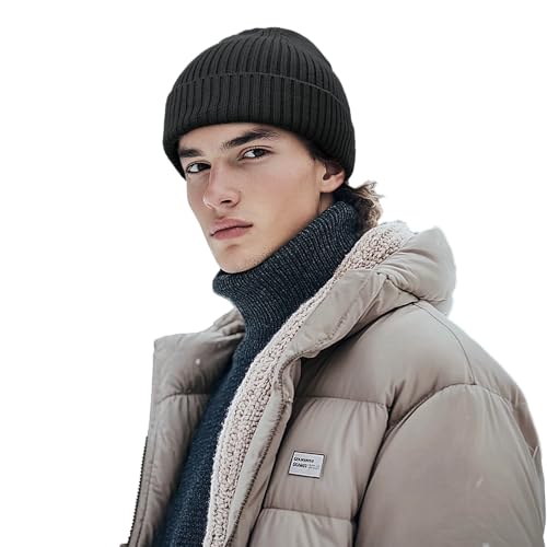 Clakllie Swag Beanie for Men Cuffed Thick Knitted Hat Warm Winter Hats Plain Stocking Skullcap Stretchy Fisherman Beanies Hat - color: Cdus-kh43-black