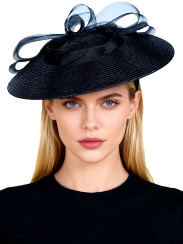HIMESPORT Straw Cocktail Fascinators Hat for Women Ladies Wide Brim Church Wedding Bride Derby Tea Party Hats with Mesh Bow - color: Black