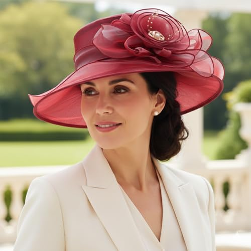 DRESHOW Women Organza Hat Church Cap Hats Clearance Kentucky Derby Cocktail Tea Party Wedding Flower Hat with Wide Brim - color: Flower Hat: Burgundy