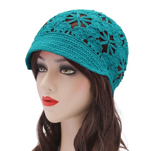 ZLYC Women Summer Slouchy Crochet Hat Handmade Cutout Skull Cap with Visor - color: Plain Peacock Blue, size: One Size