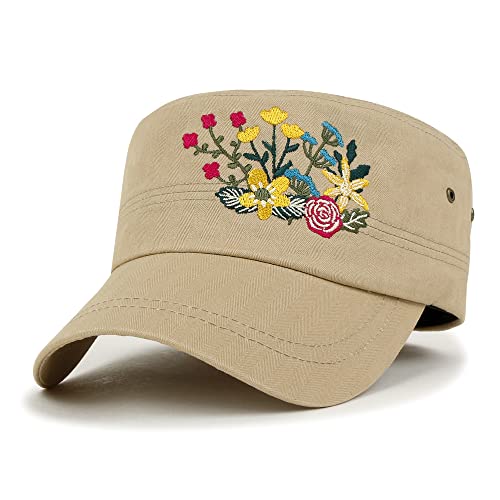 ililily Rhinestone Cotton Cadet Cap Vintage Distressed Cotton Military Army Hat - color: Beige-embroidery