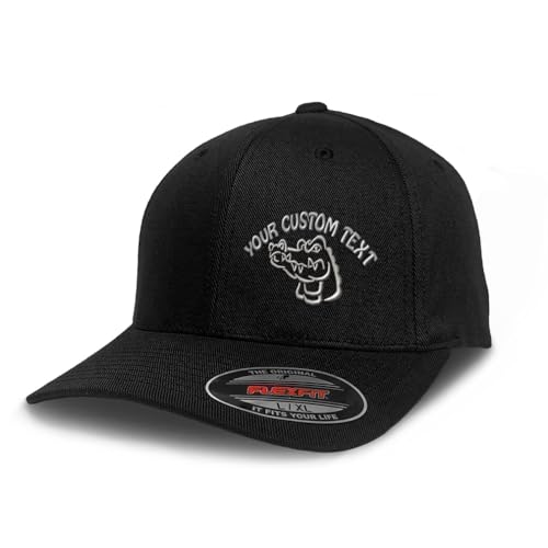 Flexfit Left Side Panel Gator Head Outline Embroidery Hats for Men & Women - color: Black Personalized Text Here, size: Small-Medium