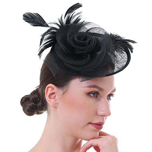 Fascinator Hat with Feather and Mesh – Floral Headpiece for Tea Party, Wedding, Cocktail Event - color: Black