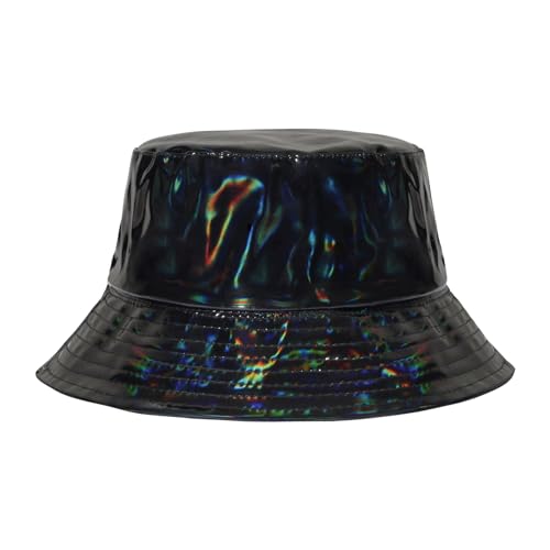 MILAKOO Rave Hologram Metallic Bucket Hat Reversible Cap Reflective Waterproof Rain Fisherman Hat - color: A: Black