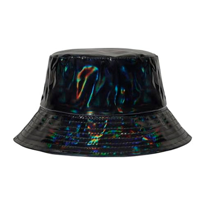 MILAKOO Rave Hologram Metallic Bucket Hat Reversible Cap Reflective Waterproof Rain Fisherman Hat - color: A: Black