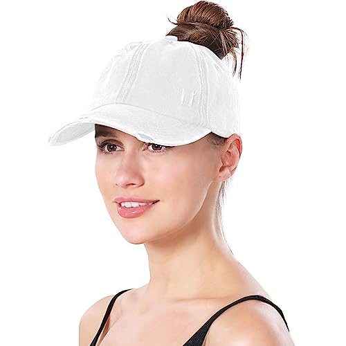 Criss Cross Ponytail Hat Women Washed Distressed Baseball Caps Adjustable High Messy Bun Ponycap - color: B - Denim White