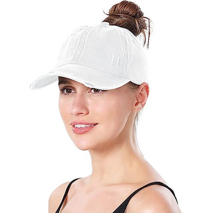 Criss Cross Ponytail Hat Women Washed Distressed Baseball Caps Adjustable High Messy Bun Ponycap - color: B - Denim White