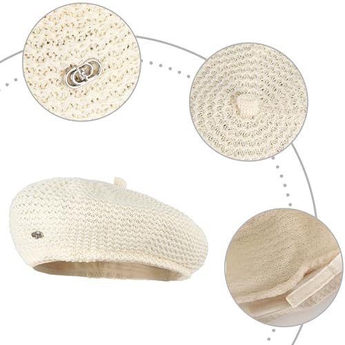 Women Summer Straw Woven Sunhat Classic Beret Artist Painter Sun Hat Cap - color: B Beige White