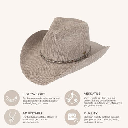 C.C Knitted Cowboy Hat for Women Lightweight Woven Western Hat with Multicolor Trim Band, Wide Brim Summer Sun Hat - color: Lt. Grey