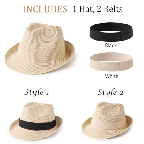 DRESHOW Women Straw Panama Hat Travel Fedora Beach Sun Hat Summer Wide Brim Straw Roll up Hat UPF 50+ - color: 1 Pc Roll Up Hat: Beige + 2 Replaceable Bands