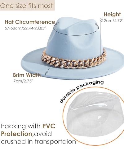 Men & Women Wide Brim Fedora Hat with Chain Buckle - color: Chain Belt-sky Blue