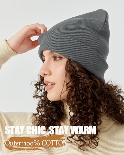 Satin Lined Knit Beanie Hat-100% Cotton Winter Hats for Women Men - color: 1-grayish Green