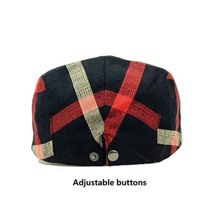 Men's Plaid Striped Newsboy Ivy Flat Driving Golf Cap - color: Black+red