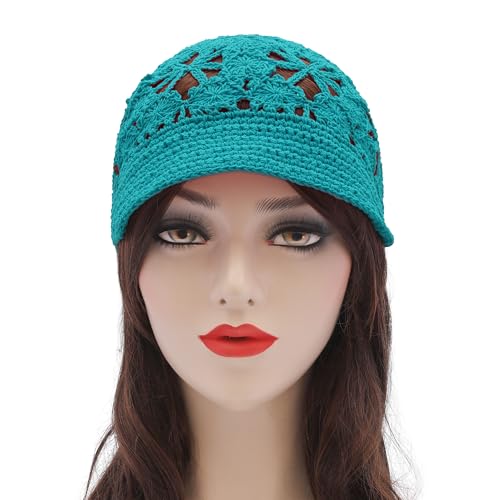 ZLYC Women Summer Slouchy Crochet Hat Handmade Cutout Skull Cap with Visor - color: Plain Peacock Blue, size: One Size