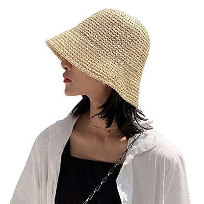 Women Sun Hat Hand-Woven Packable Beach Bucket Hat Summer Floppy UV Protection Hats - color: Beige