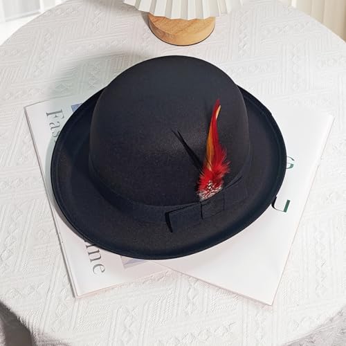 Classic Fedora Hat with Feather, Dome Hard Bowler Cap - color: Black