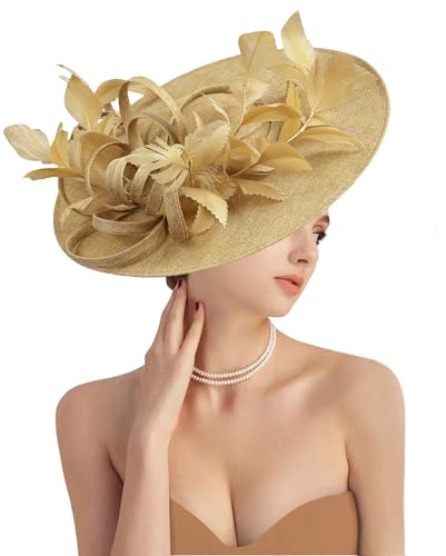 dressfan Fascinator Hats for Women,Linen Vintage Feather Headwear for Derby/Church/Wedding/Cocktail/Tea Party - color: Khaki