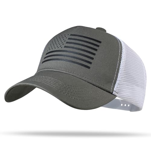 American Flag Trucker Hat - Snapback Hat, Baseball Cap for Men Women - Breathable Mesh Side, Adjustable Fit - for Casual Wear - color: Olive/White