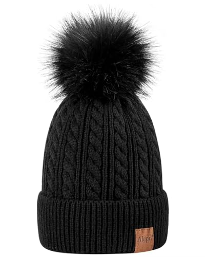 Alepo Womens Winter Beanie Hat, Warm Fleece Lined Knitted Soft Ski Cuff Cap with Pom Pom - color: Black