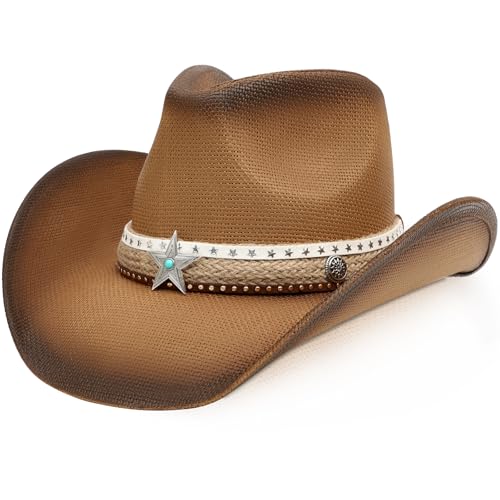 WQWOVRVO Cowboy Hat,Cowgirl Hat,Western Cowboy Hats for Women/Mens/Straw Wide with Shapeable Brim Cowboy Hat for Womens - color: Camel & Coffee Color