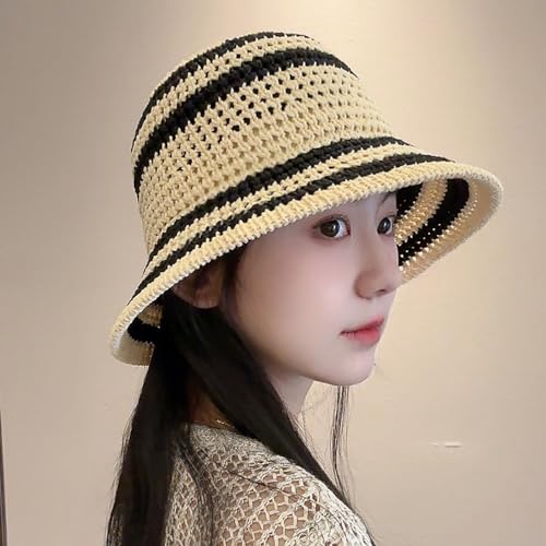 Gogobear Summer Straw Sun Hat for Women Outdoor Striped Beach Bucket Hat - color: Beige