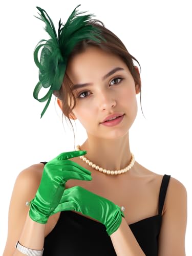 2Pcs 50s Fascinators Hats for Women Wedding Cocktail Flower Mesh Ribbons Feathers Church Tea Party Hats and Lace Glove - color: Green