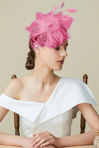 BABEYOND Fascinators Hats for Women Tea Party Flower Tulle Bead Derby Hat - color: Hot Pink