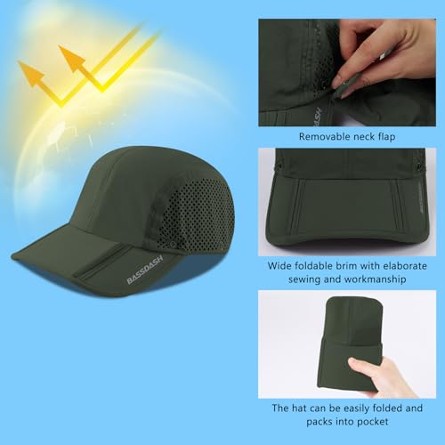 BASSDASH UPF 50+ Fishing Hat, Baseball Cap with Removable Neck Flap - color: Army Green With Foldable Brim