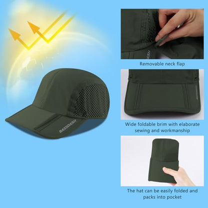BASSDASH UPF 50+ Fishing Hat, Baseball Cap with Removable Neck Flap - color: Army Green With Foldable Brim