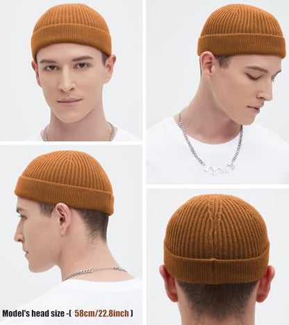 Wool Fisherman Beanie for Men Wome, Thin Knit Winter Hats Skull Cap - color: Yellow Brown