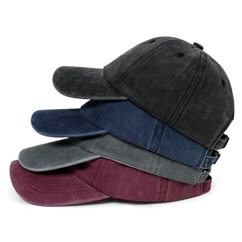 4 Packs Vintage Washed Distressed Baseball Cap Golf Dad Hat for Men Women - color: Black + Navy Blue + Gray + Burgundy