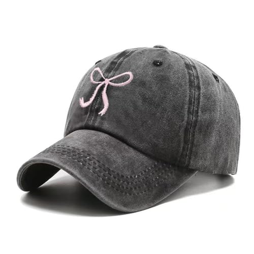 Bow-Tie Baseball Cap for Women Vintage Washed Cotton Adjustable Distressed Embroidered Dad Hat - color: Black