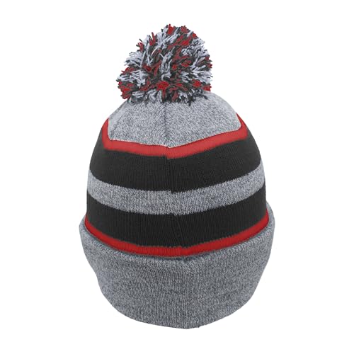 Pacific Headwear Unisex Adult Pacific Headwear Knit Fold Over Pom-pom Beanie - color: Heather/Black/Red, size: One Size