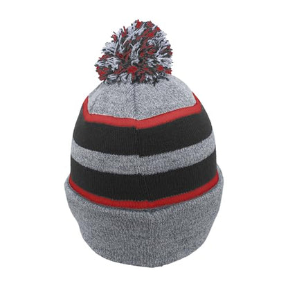 Pacific Headwear Unisex Adult Pacific Headwear Knit Fold Over Pom-pom Beanie - color: Heather/Black/Red, size: One Size