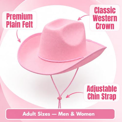 COLLECT PRESENT Plain Felt Cowboy & Cowgirl Hat for Men and Women | Western Studded Cowboy Hat in Adult Sizes - color: Pink
