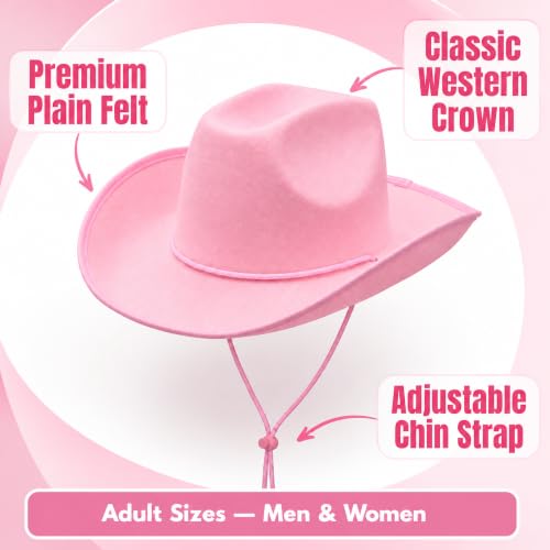 COLLECT PRESENT Plain Felt Cowboy & Cowgirl Hat for Men and Women | Western Studded Cowboy Hat in Adult Sizes - color: Pink