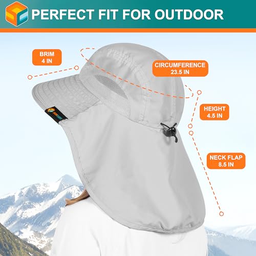 SUN CUBE Wide Brim Sun Hat with Neck Flap for Men Women, UPF50+ Fishing - color: Light Grey